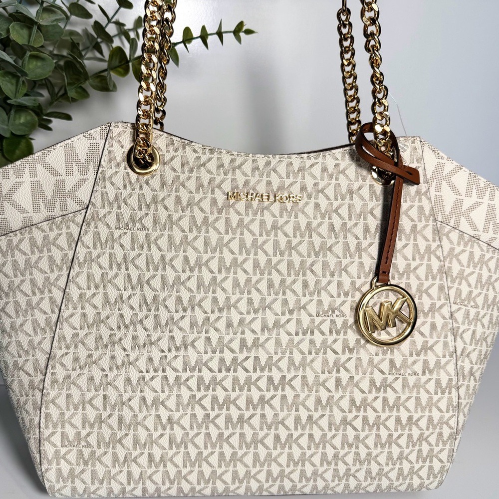 Michael Kors Jet Set Travel Large Chain Shoulder Tote Logo Canvas, Vanilla – NWT